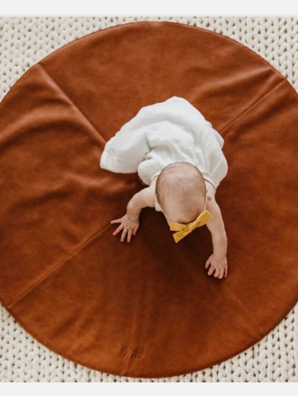 Milkmaid Round Cognac Brown Vegan Leather Reversible Play Mat Navy White